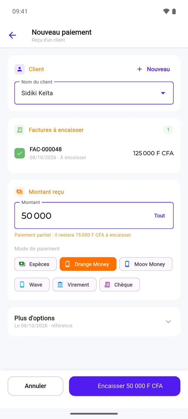 Écran Encaissements de l'application Nkabaara