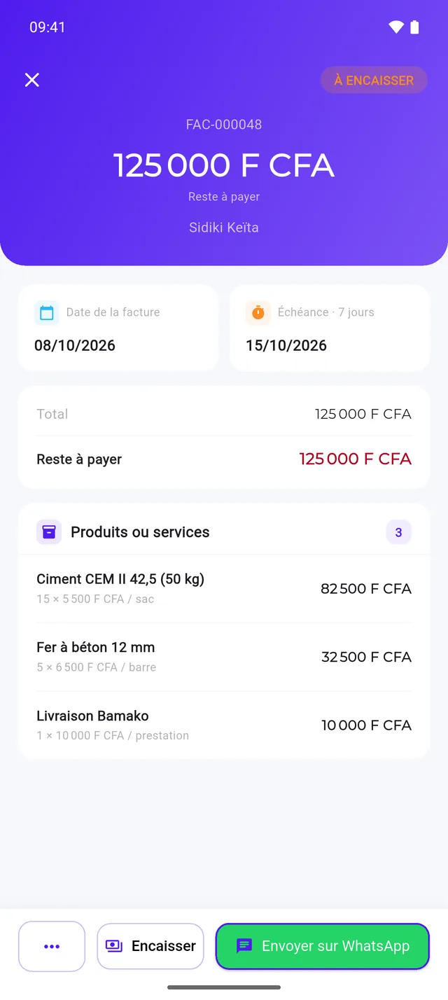Écran Factures & devis de l'application Nkabaara