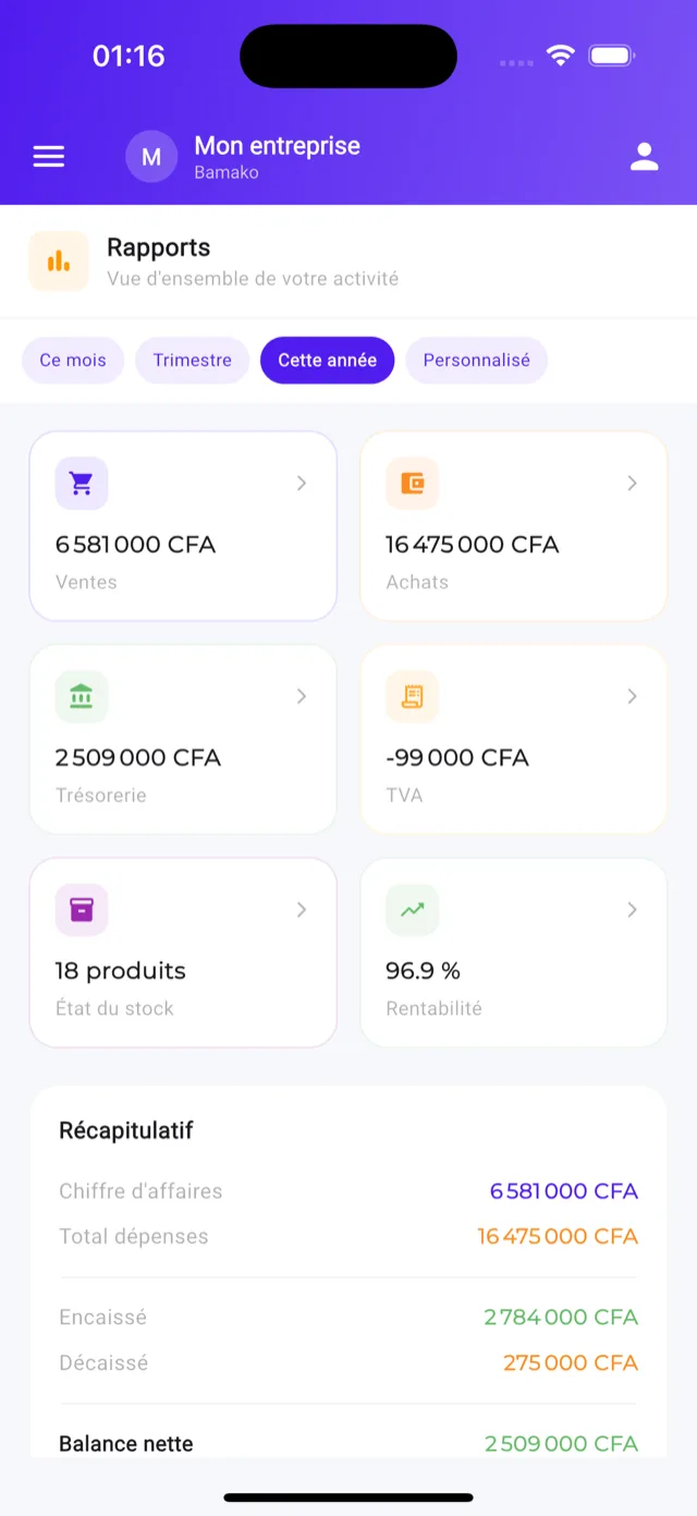 Écran Rapports de l'application Nkabaara