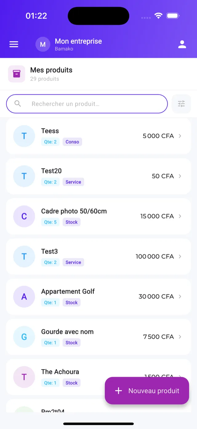 Écran Produits & stock de l'application Nkabaara